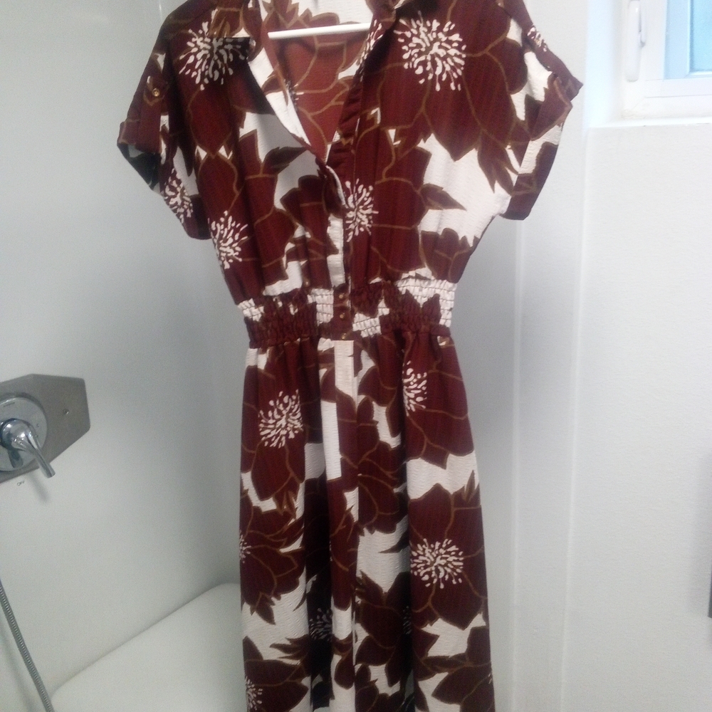 Women's Brown Floral Shirred-Waist Dress